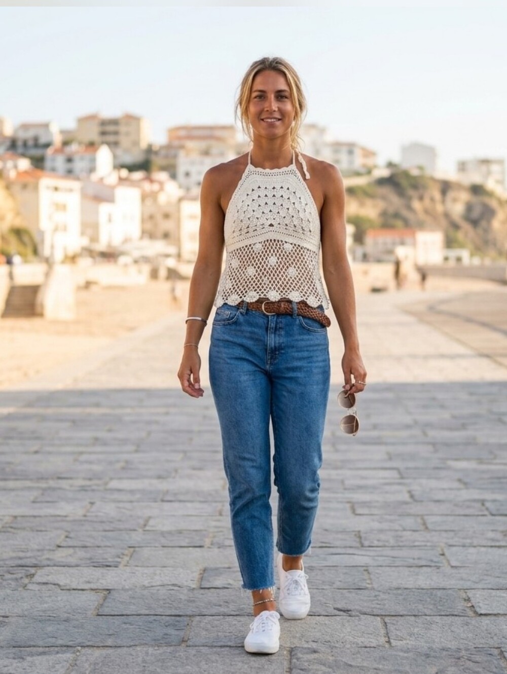 Boho Cream Crochet Halter Top - Open Knit Festival Tank
